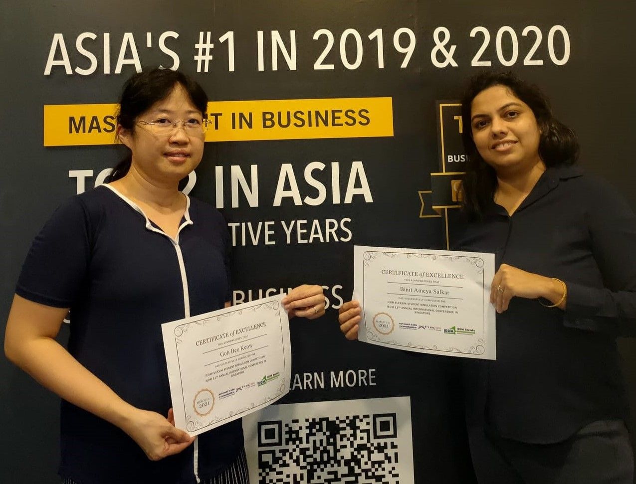 Congratulations to SMU MITB Analytics students Goh Bee Keow and Salkar Binit Ameya for coming in #1 in the IEOM-FlexSim Student Simulation Competition